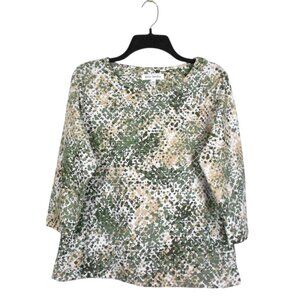 Emily Daniels Top MP Green Tan Polyester Blend 3/4 Sleeve Textured Office Casual